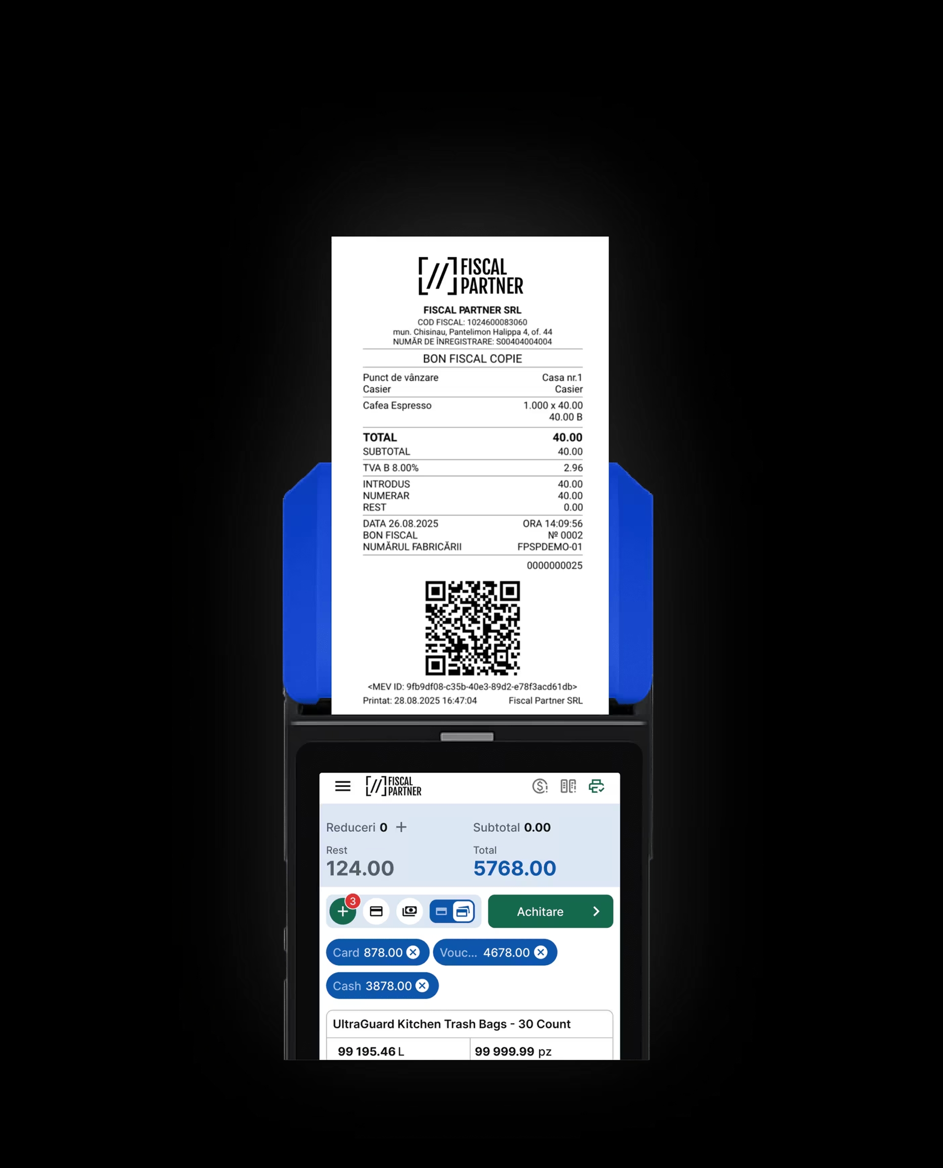 Fluxul Fiscal Partner: emitere și validare eBon, integrare cu ERP, 1C, magazine online, stații de autoservire și SmartPOS, cu monitorizare și rapoarte fiscale automate.